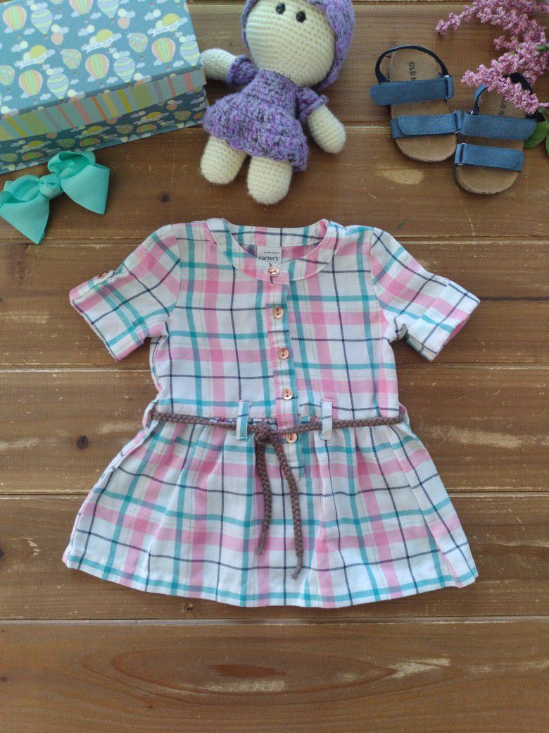  3MOS PINK & TURQUOISE PLAID SHIRT DRESS W/ATTACHED BELT