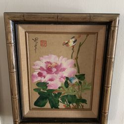 ANTIQUE BAMBOO CHINESE PAINTING OF SUNBIRD AND PEONY . 13 1/2 “. X  12”  FOR SALE  IN MÍA BEACH