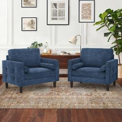Mid Century Blue Chenille Fabric Upholstered Accent Chair  Set of 2