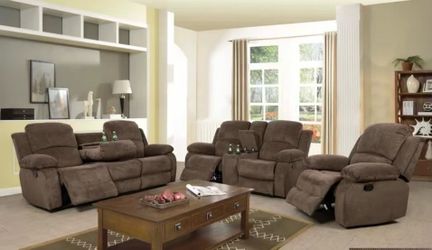 Macys Brown chenille fully reclining three piece couch set