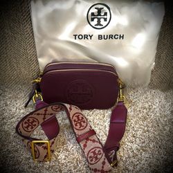 Tory Burch Plum Double-Zip Leather Crossbody with Logo Strap-NEW!