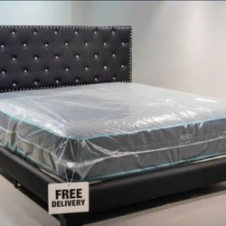 KING SIZE BED FRAME WITH MATTRESS AND BOX SPRING SET DIAMOND HEADBOARD FREE DELIVERY 