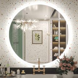 36 Inch LED Round Mirror for Bathroom with Lights Frontlit 3 Color Temperature Lights Dimmable 3000K/4500K/6000K Frameless Wall-ounted Vanity Mirror