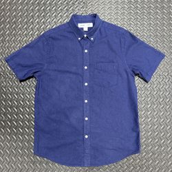 Old Navy Button Down Shirt Navy Blue Short Sleeve Relaxed Fit Linen Mens Small