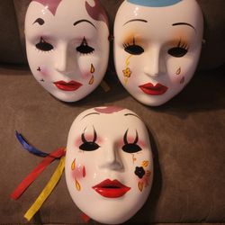 Vintage Ceramic New Orleans Marti Gras Masks x3 Tears Bundle Decor Handpainted