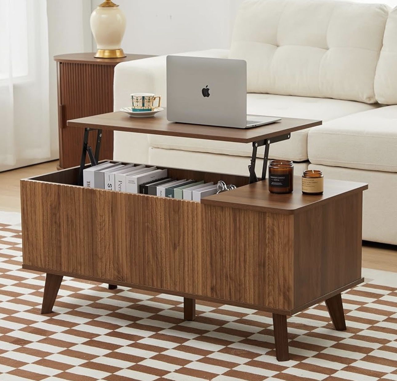 Wooden Fluted Lift Top Coffee Table with Hidden Compartment