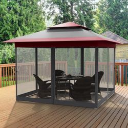 Pop Up Gazebo, Outdoor Instant Canopy Tent W/4 Netting Sidewall & Auto Extending Eave, Patio Gazebos Shelter W/Mesh Wall, Center Lock, Wheeled Bag For