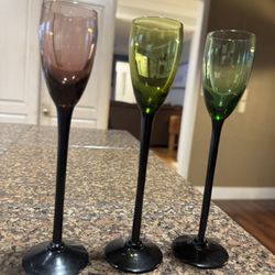 3 Vintage Black Stem Multicolor Cordial Glasses Stemware 