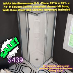 MAAX Mediterranean III 3 -Piece 32-in W x 32-in L x 74-in H Square complete Corner shower kit (Center Drain) Base, Wall, Door Drain and Chrome Hardwar