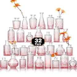 Arme Bud Vase Set of 32, Pink Vases in Bulk Bud Vase for Flower Small Glass Vases for Wedding Centerpieces, Vintage Cute Mini Flower Vase, Home Table 