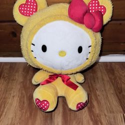 Round 1 Sanrio Hello Kitty Yellow Teddy Bear Suit Costume Hearts Print 13” Plush