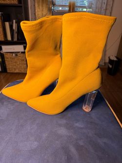 Yellow Knit Sock Boots with Clear Heels