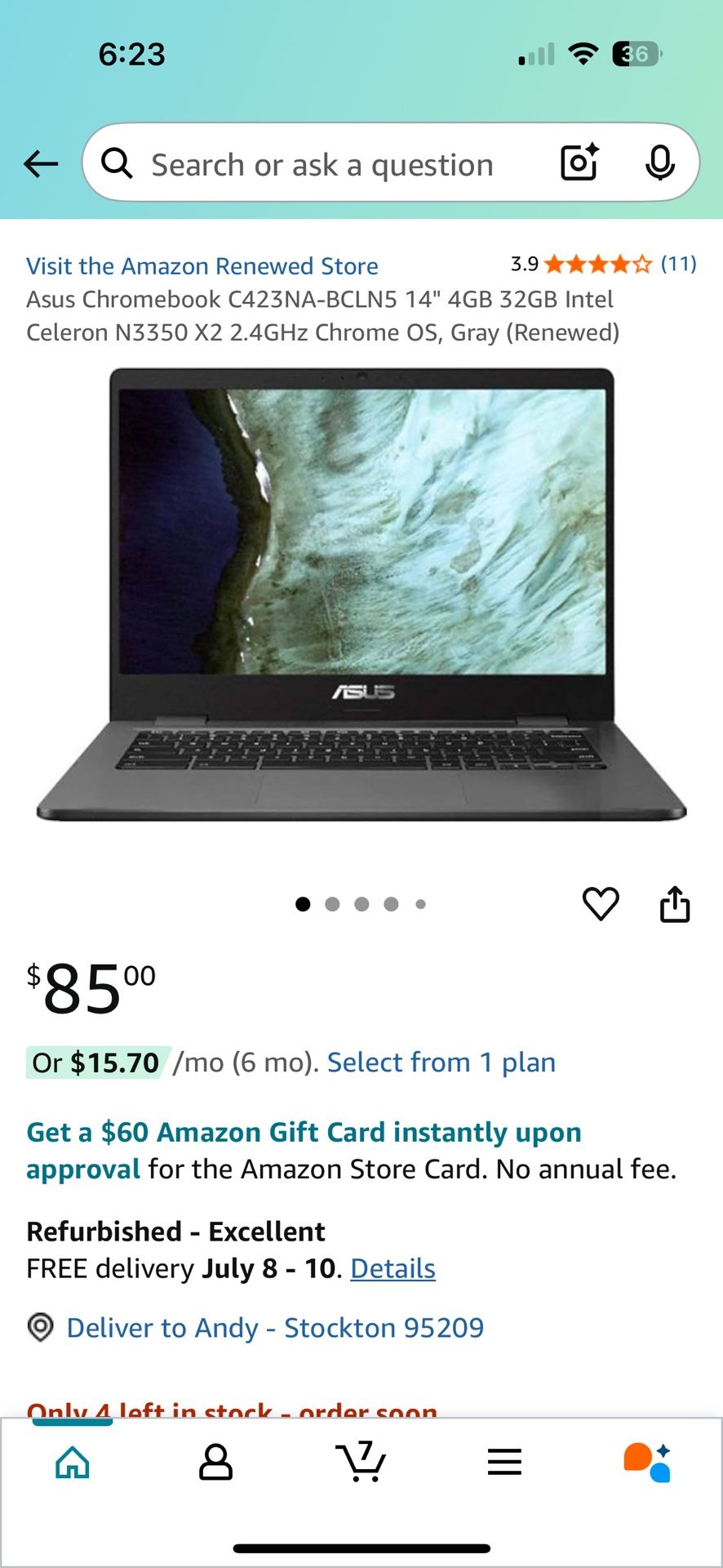 Asus Chromebook C423NA-BCLN5 14" 4GB 32GB Intel Celeron N3350 X2 2.4GHz Chrome OS, Gray (Renewed)