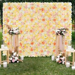 Floral Wall Backdrop Panels 5ftx3.74ft Yellow Pink Artificial Wedding Fake Flower Wall Backdrop for Bridal Shower Birthday Party Decor

