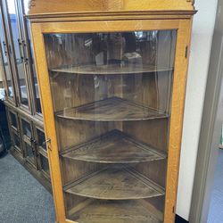 Corner Display Case - 32” W 67” H 23” Deep On Both Sides, 6 Shelves, Vintage - Beautiful Piece, Original Skeleton Key. Delivery Available For A Fee
