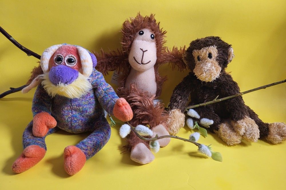 3 Vintage Collectible Plush Monkeys