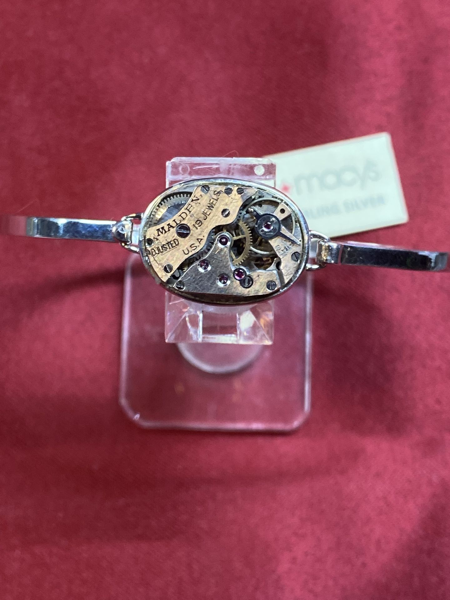 Stunning & Unique Macy’s 925 Sterling Silver Band Bracelet with Vintage Malden Watch Movement