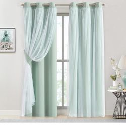 Bujasso Aqua 90% Blackout Curtains with Sheer Overlay Mix and Match Double Layer Thermal Insulated Window Panels 84 inch for Living Room Bedroom Mint 