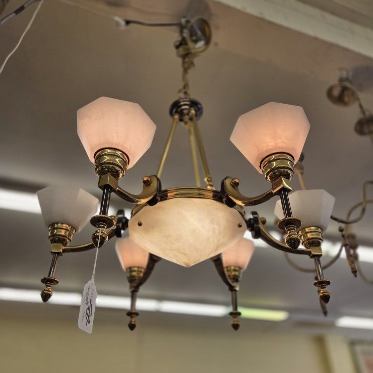 Brass & Alabaster Deco Style 7 Light Chandelier
