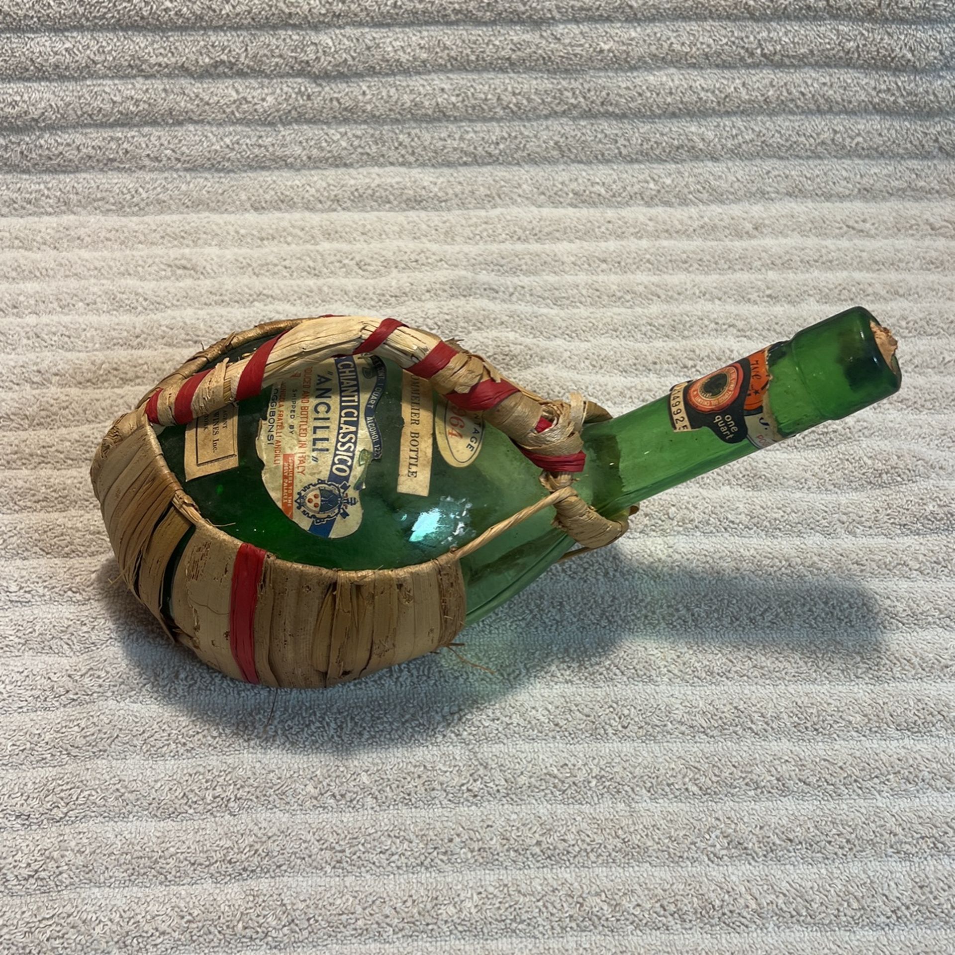 Vintage Antique Glass, Italian Rum Bottle With Woven Basket Holder 1964