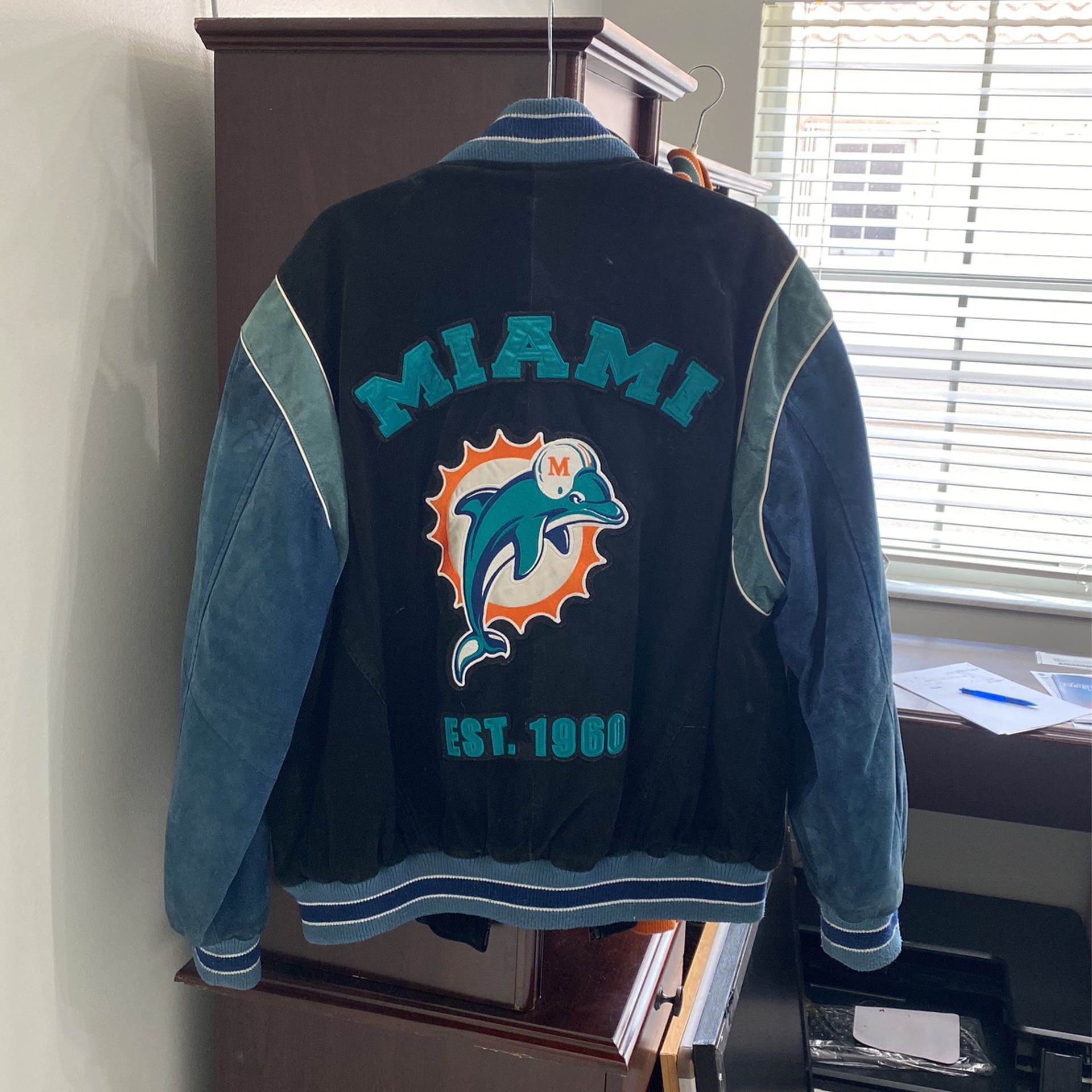 Large Suede Leather Miami Dolphins Jacket