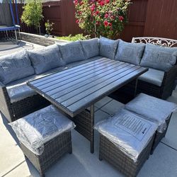 Brand new 7 Piece High Curved Back Outdoor Dining Sectional Sofa with Dining Table and Chair