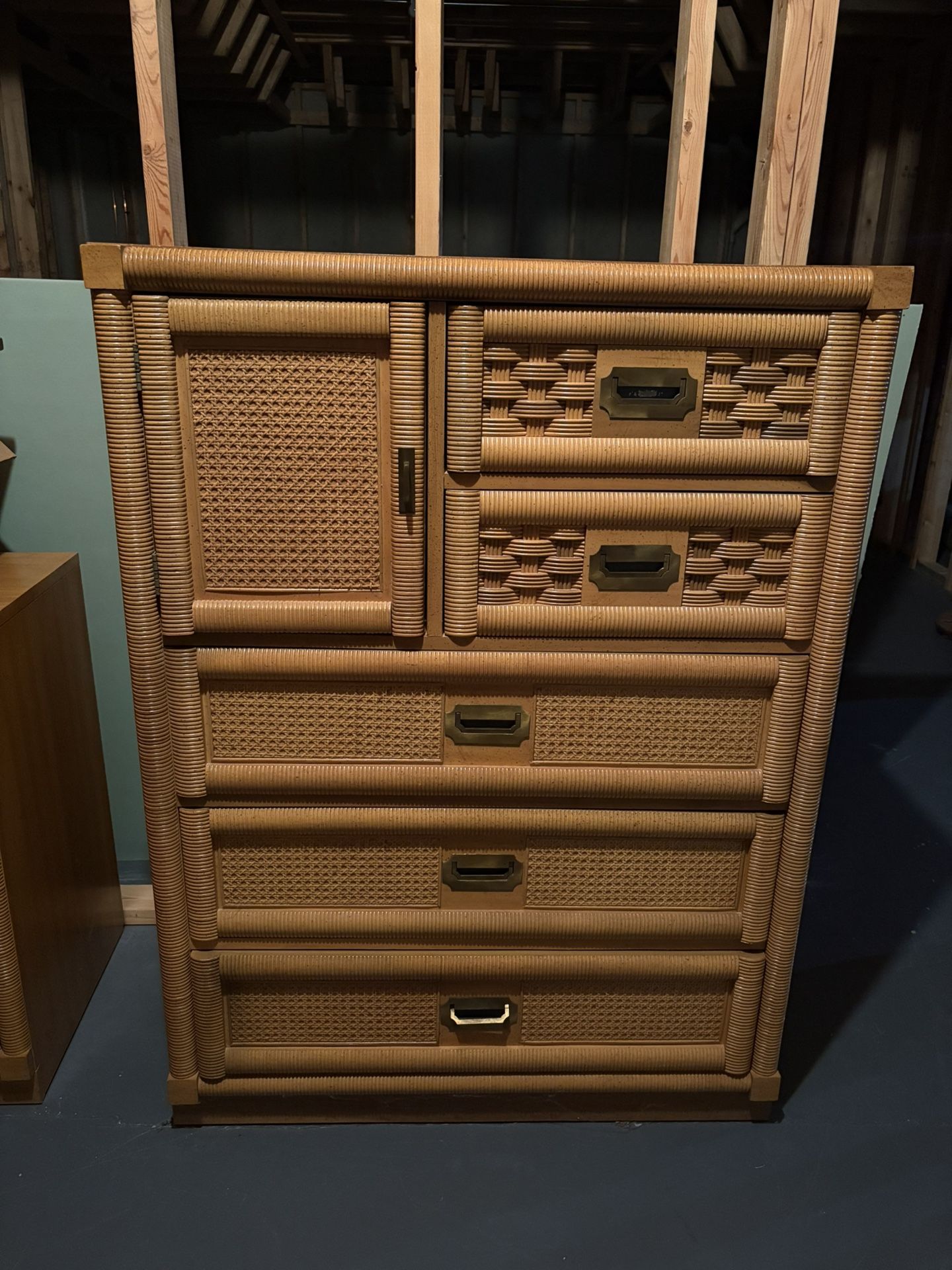 Vintage 1970s Wicker Weve by Dixie Chest Cabinet / Dresser / Armoire