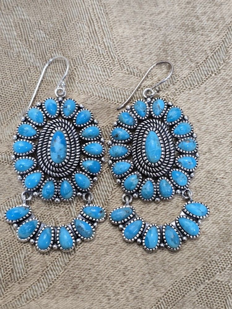 Vintage Southwestern Sterling Silver Dangle Earrings With Turqouise Style Stones