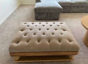 Large Tufted Ottoman with Wood Base