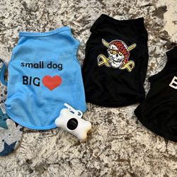 Dog Clothes Size Small - Boss, Pirate, Heart, Stars + Cute Poop Bag Holder with bags
