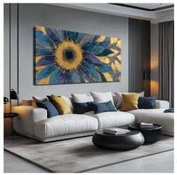 JuhaiArt Blue Wall Art Bedroom Large Gold Flower Canvas Wall Decor Floral Picture Art for Living Room Office 29" x 59" Sunflower Abstract Artwork