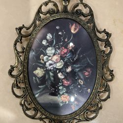 Vintage Brass Picture Frame With Bubble Glass And Flower Picture Made In Italy