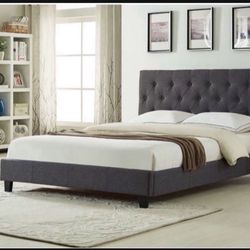 Brand New In Box Queen Size Dark Grey Linen Upholstered Bed With Mattress. Assembly Required, We Can Deliver, Cama Con Colchon.