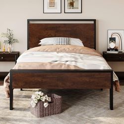 14 Inch Twin Size Metal Platform Bed Frame with Wooden Headboard and Footboard, Mattress Foundation, No Box Spring Needed, Large Under Bed Storage, He