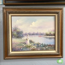 Signed Vintage Pastel Color Landscape w/ Lady Painting