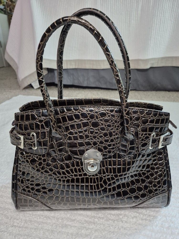 New York & Co Vegan Snake Skin Style Purse Brown Shoulder Handbag Classy