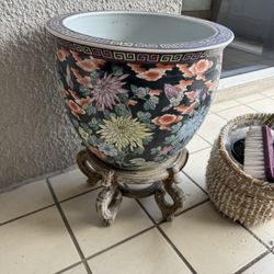 Vintage  Chinese porcelain fishbowl planter - 15” D
