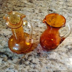 Vintage Orange/Brown Mini Crackle Glass Pitchers Preowned MCM D9