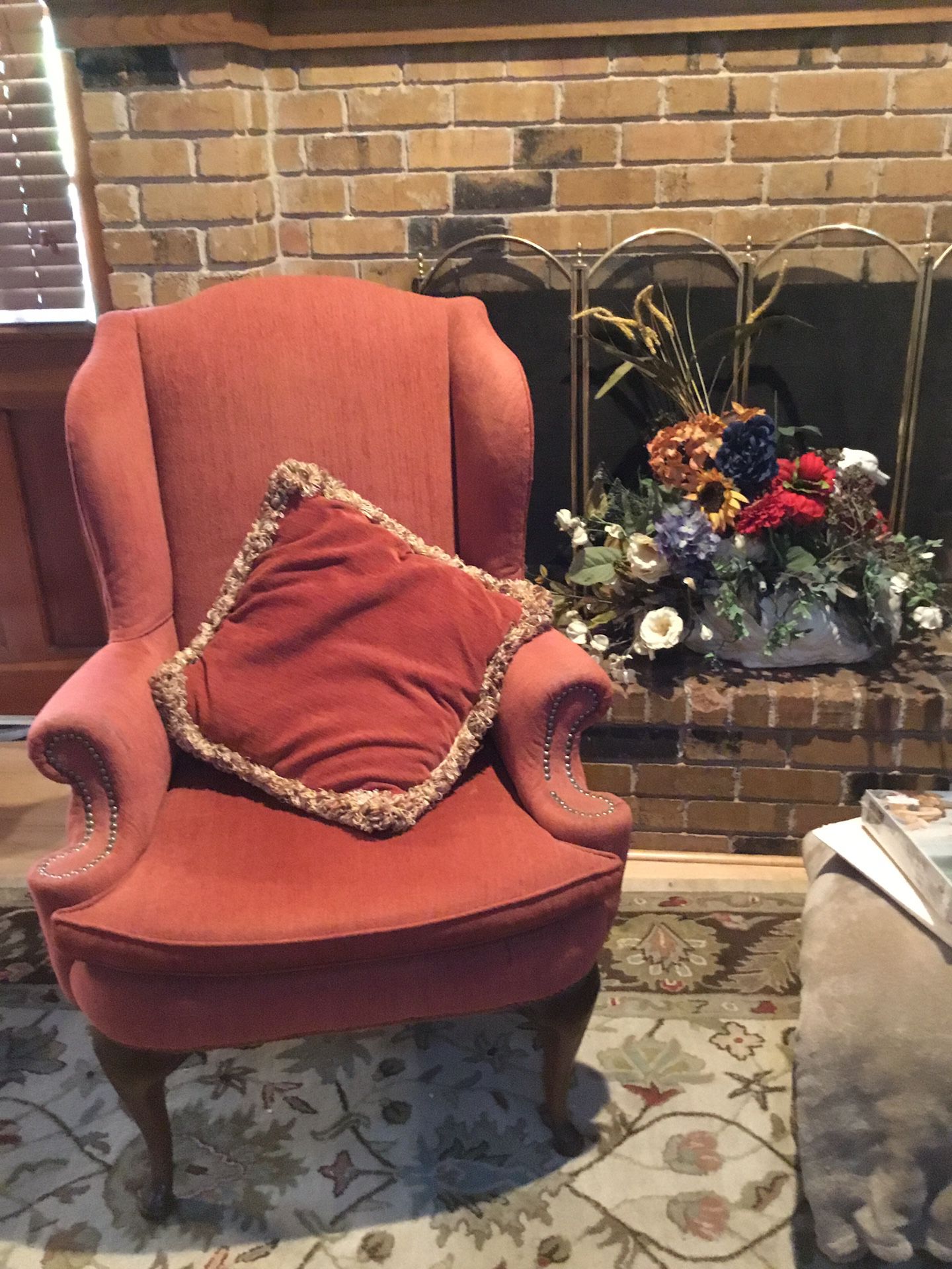 REDUCED!!!’ Salmon Colored Chenille Wingback Vintage Chair