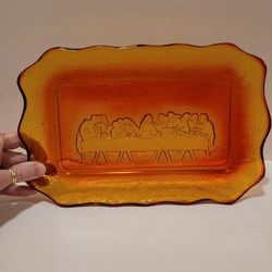 Vintage Indiana Glass Tiara Amberina The Last Supper Bread Plate Tray 