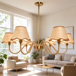 6-Light Rattan Chandelier Adjustable Boho Pendant Light Fixture Gold Living Room Dining Room
