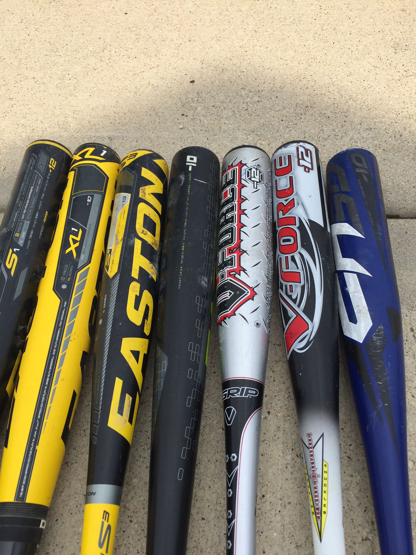 Various little league bats. Make offer. LK44 bat (black and green one in middle) no longer available.
