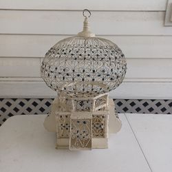 Victorian White Wood & Wire Dome Bird Cage
