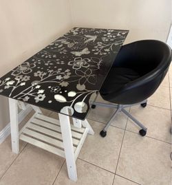 Glass top desk with stand and chair