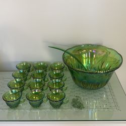 Vintage 1970s Iridescent Green Carnival Glass Punch Bowl Set