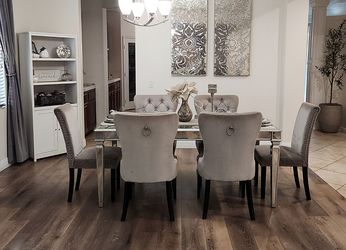 Mirrored Dining Table with 6 Grey chairs Z gallerie glam modern lamp plus
