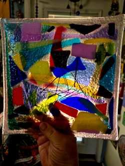 Fused art glass, by Sheri Law, Abstract Collage Geometric Organic Shape 9.5×9.5