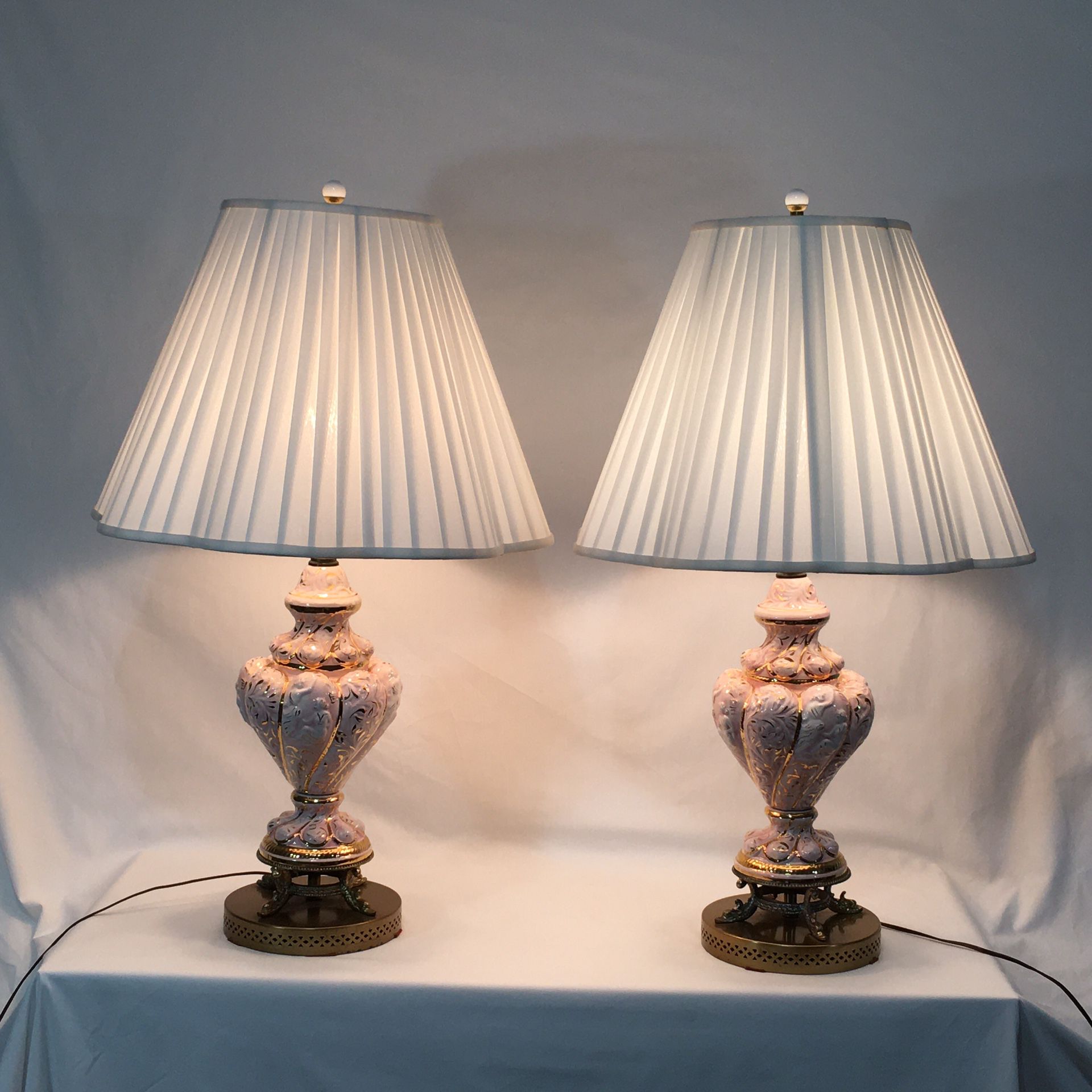 2 Vintage Italian Pink & Gold Capodimonte Antique Table Lamps with Lamp Shades