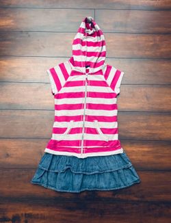Little Girls Clothes Short Sleeve Hoodie Dress With Denim Ruffles Size M 7/8