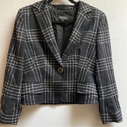 Escada Bushra Virgin Wool Angora Black White Plaid One Button Blazer Sz 38